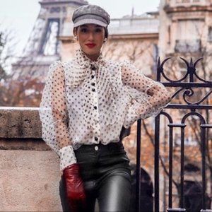 NWT ZARA Polka Dot Organza Blouse with Bow Detail Ecru & Black MEDIUM